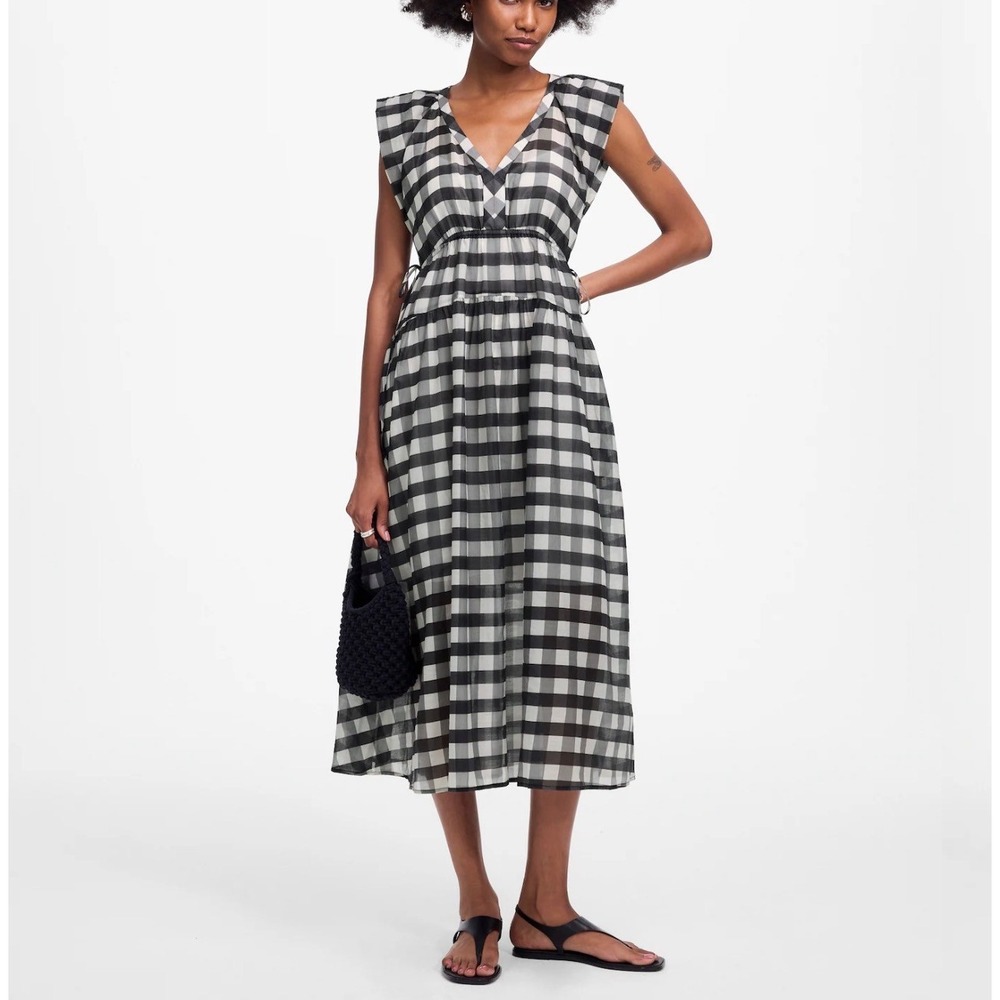 Madewell Womens Sheer Lined Black Gingham Cotton Silk Maxi Midi Dress Small New